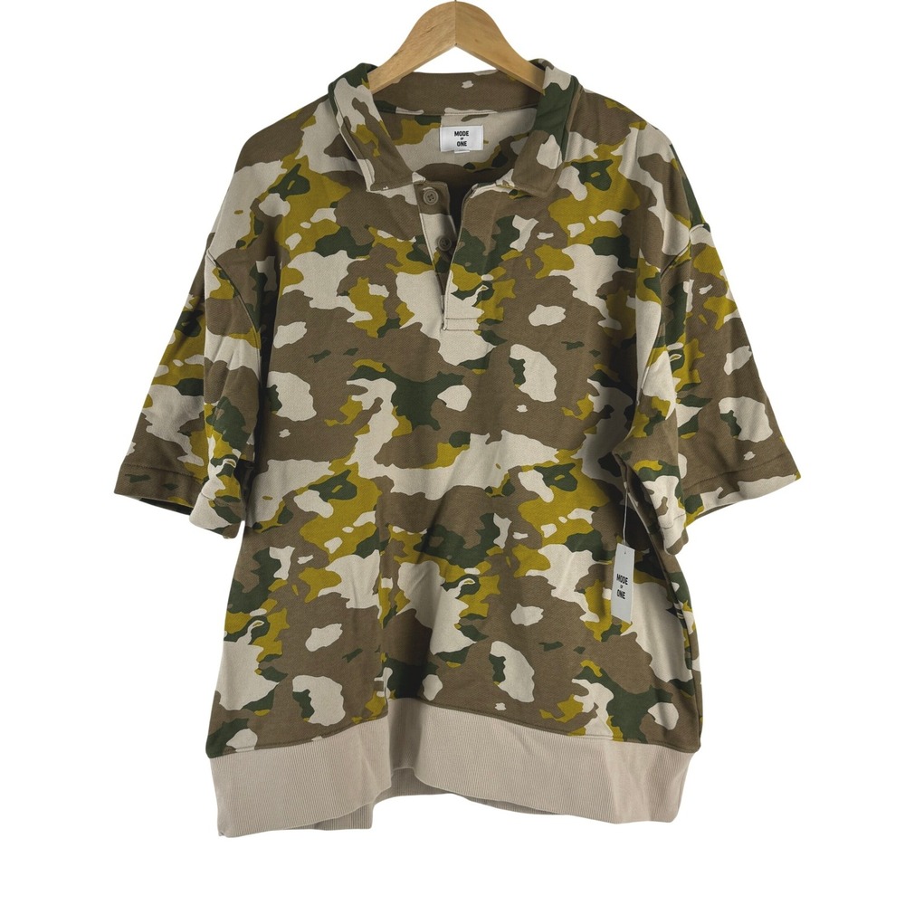 Mode of One Mens Relaxed Fit French Terry Camo Polo Shirt Army Brown XL NEW